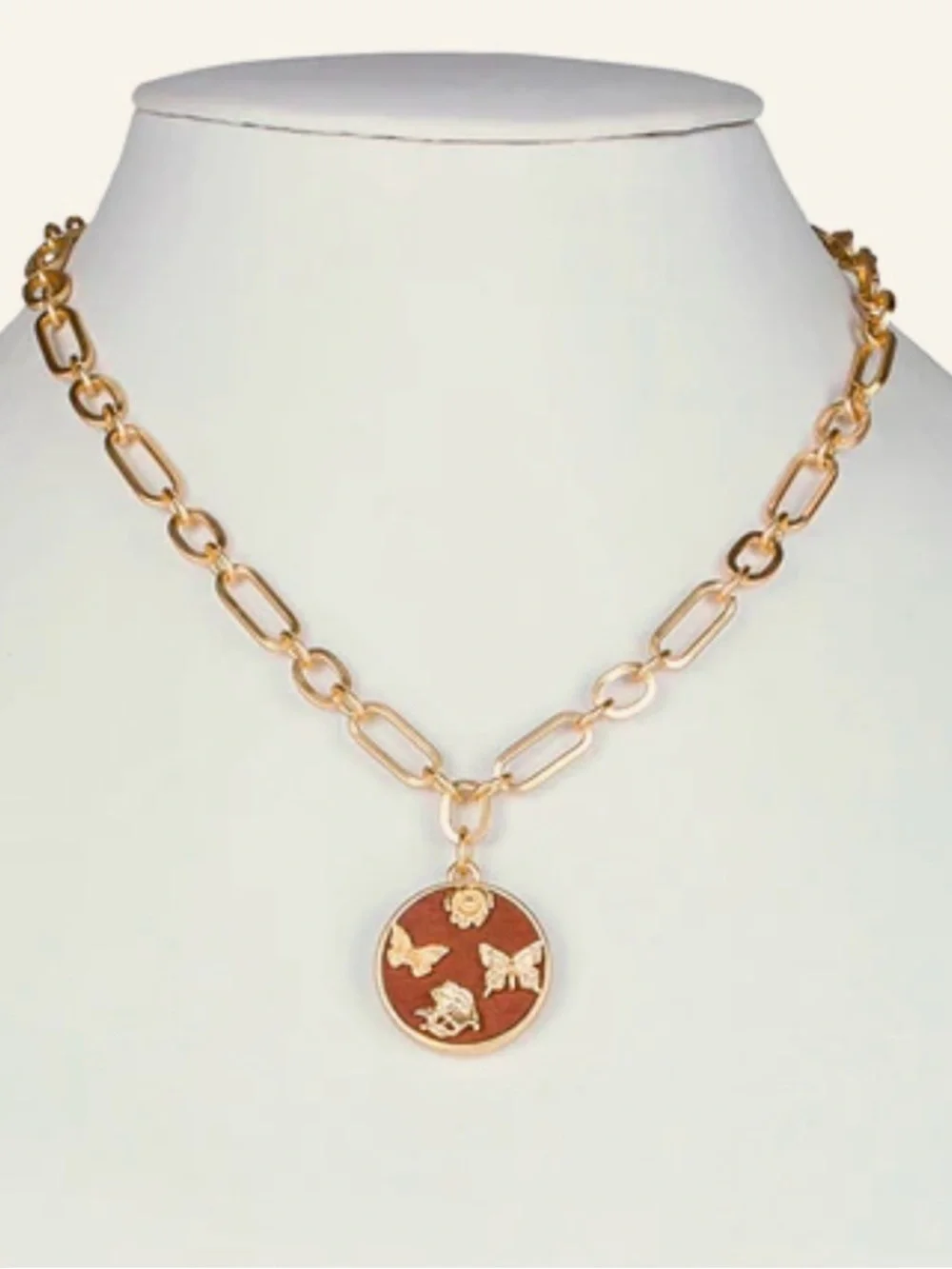 PATRICIA NASH Round Butterfly Pendant Necklace Wood Butterflies